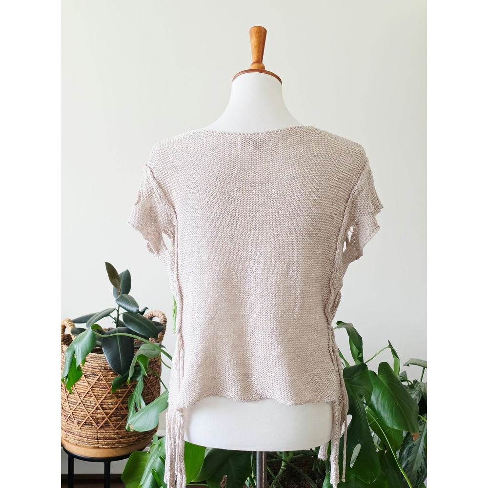 MARA GIBBUCCI Beige Lagenlook V-Neck Knit Top Side Tie Tassels Open Stitch M - Picture 11 of 16
